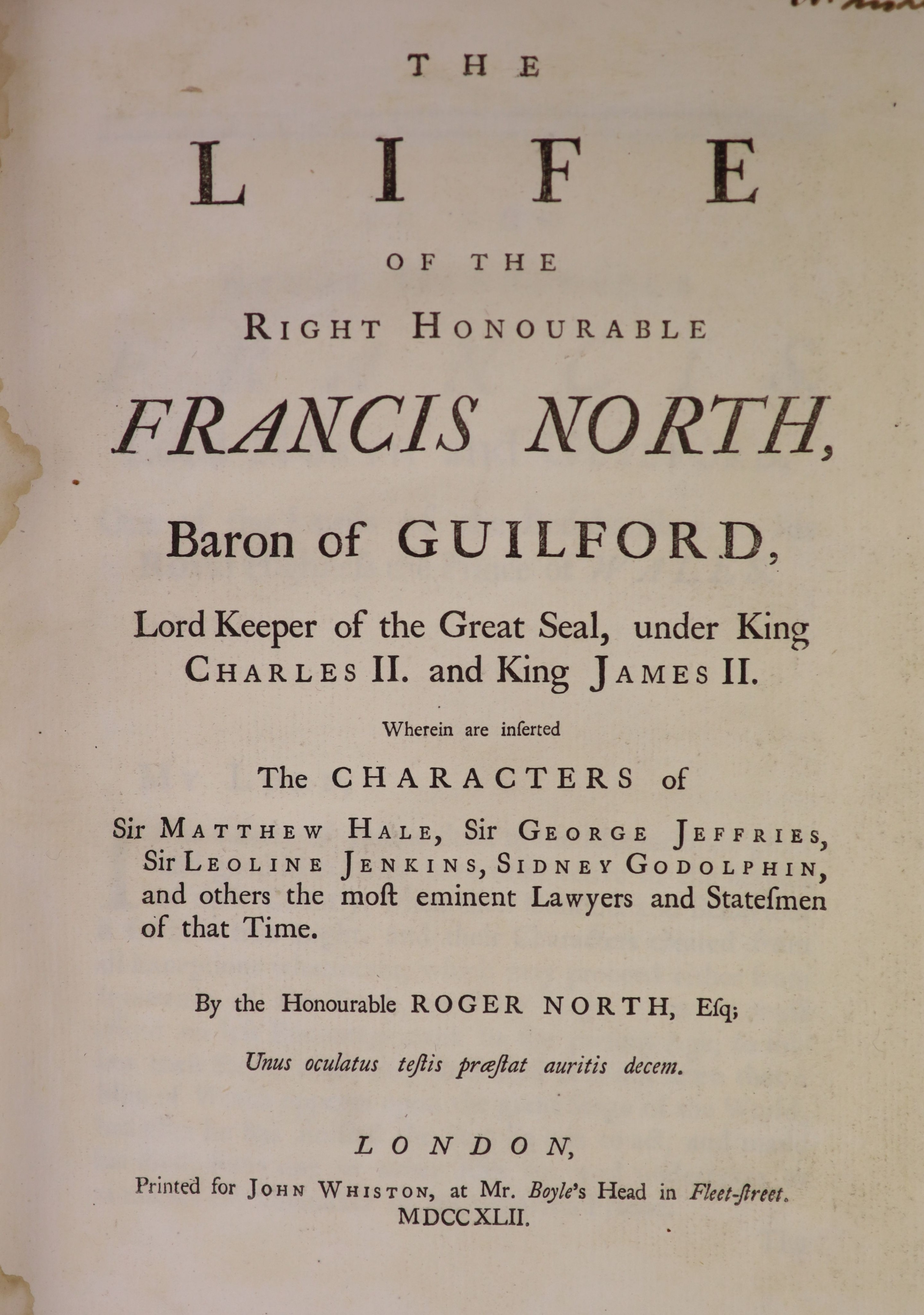 North, Hon. Roger - The Life of the Right Honourable Francis North, Baron of Guilford…complete with engraved frontispiece. Restored gilt ruled marbled calf, gilt panelled spine with decorations and morocco label. Sprinkl